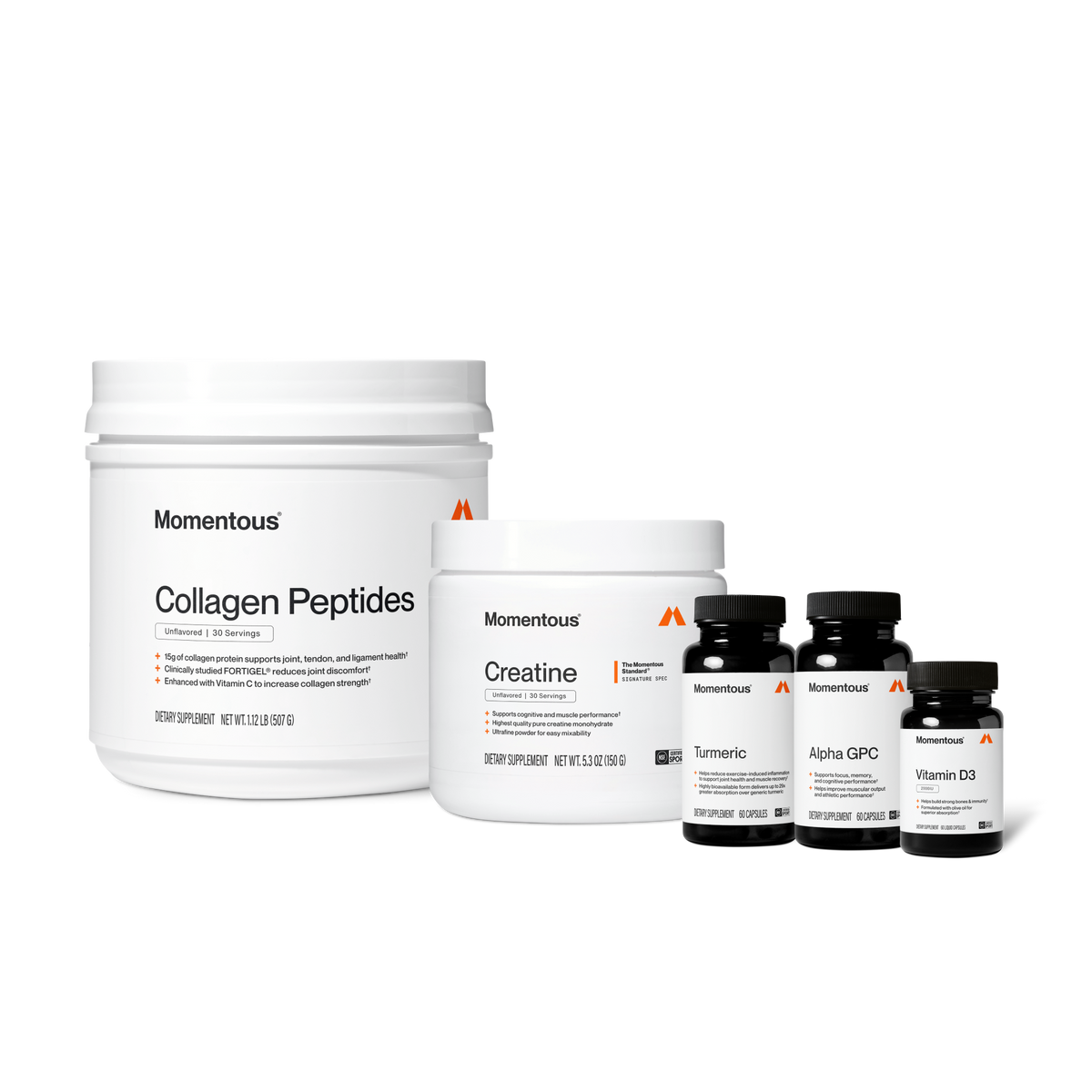 Momentous Peri And Post Menopause Stack on white: Collagen Peptides, Unflavored, 30 servings, 1.12 LB 507 G, 15g of collagen protein for joint, tendon, and ligament health with FORTIGEL and Vitamin C; Creatine, Unflavored, 30 servings, 5.3 OZ 150 G, Signature Spec, pure creatine monohydrate for cognitive and muscle performance; Turmeric, 60 capsules, for exercise-induced inflammation; Alpha GPC, 60 capsules, for focus and memory; Vitamin D3, 2000IU, for bones and immunity, NSF Certified Sport. (498 chars)