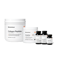 Momentous Peri And Post Menopause Stack on white: Collagen Peptides, Unflavored, 30 servings, 1.12 LB 507 G, 15g of collagen protein for joint, tendon, and ligament health with FORTIGEL and Vitamin C; Creatine, Unflavored, 30 servings, 5.3 OZ 150 G, Signature Spec, pure creatine monohydrate for cognitive and muscle performance; Turmeric, 60 capsules, for exercise-induced inflammation; Alpha GPC, 60 capsules, for focus and memory; Vitamin D3, 2000IU, for bones and immunity, NSF Certified Sport. (498 chars)