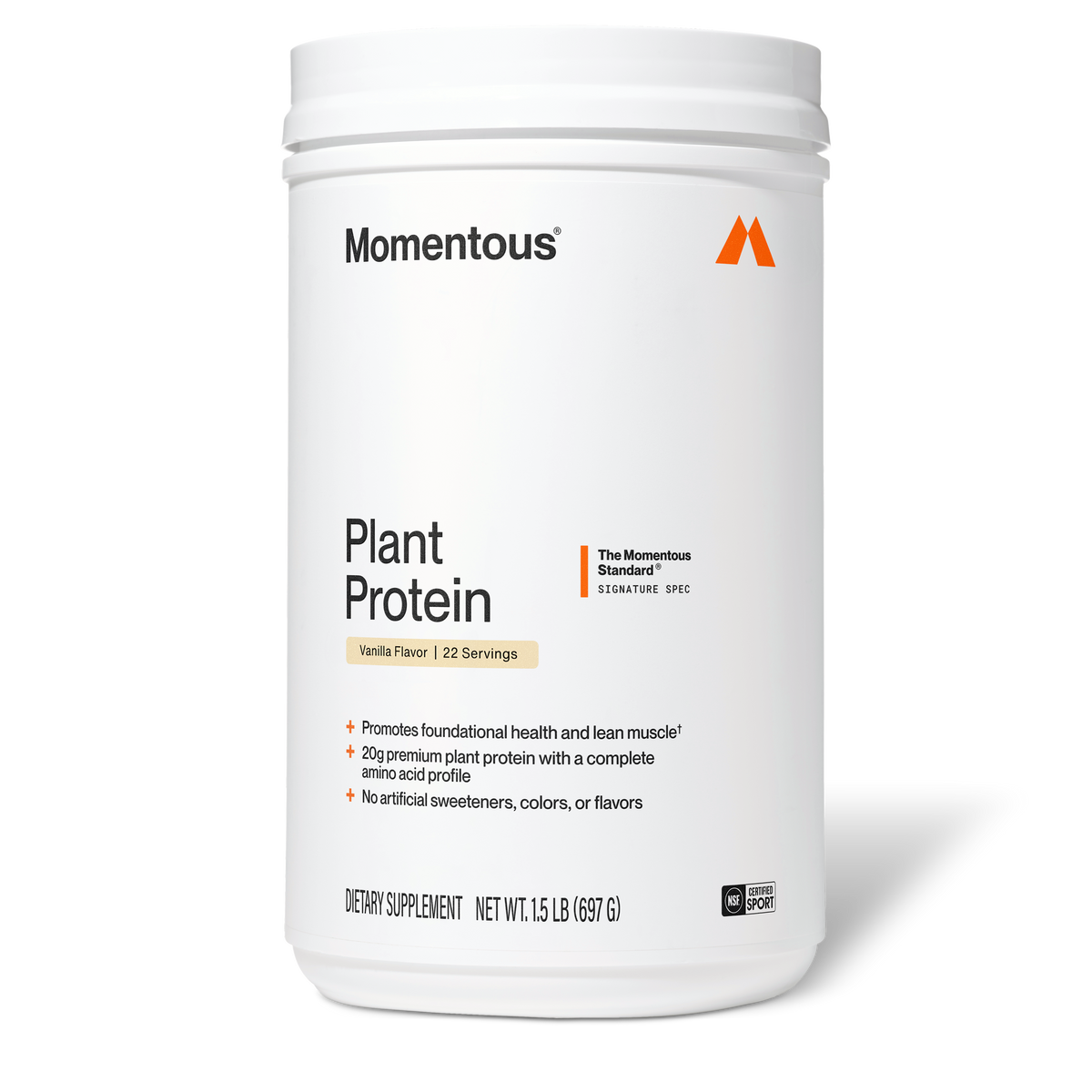 White cylindrical container of Momentous Plant Protein powder in vanilla flavor, 1.5 lb size with white lid.