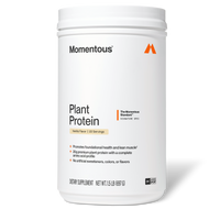 White cylindrical container of Momentous Plant Protein powder in vanilla flavor, 1.5 lb size with white lid.