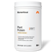 White cylindrical container of Momentous Plant Protein powder in vanilla flavor, 1.5 lb size with white lid.