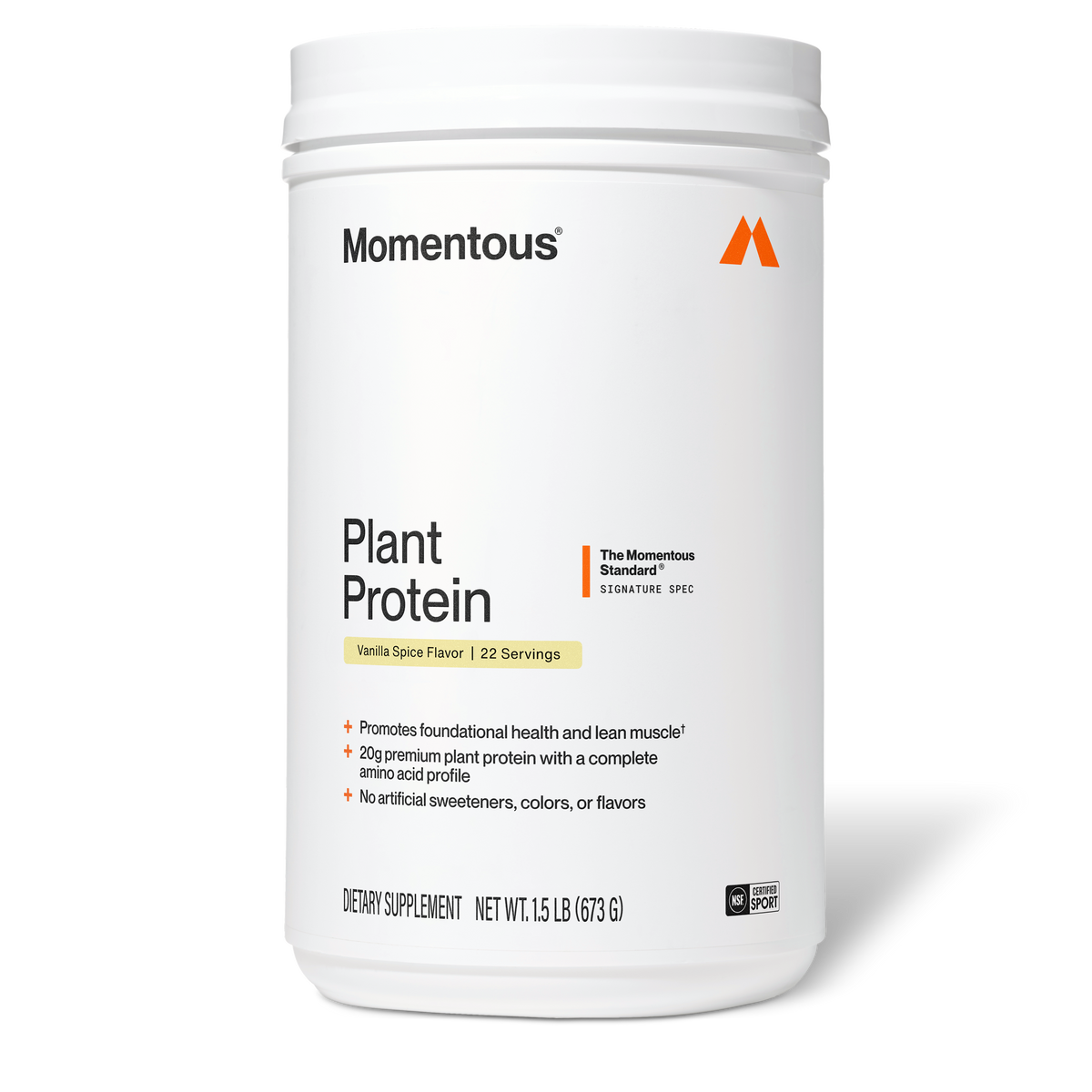 White container of Momentous Plant Protein powder in Vanilla Spice flavor, 1.5 lb size with orange logo and label details.