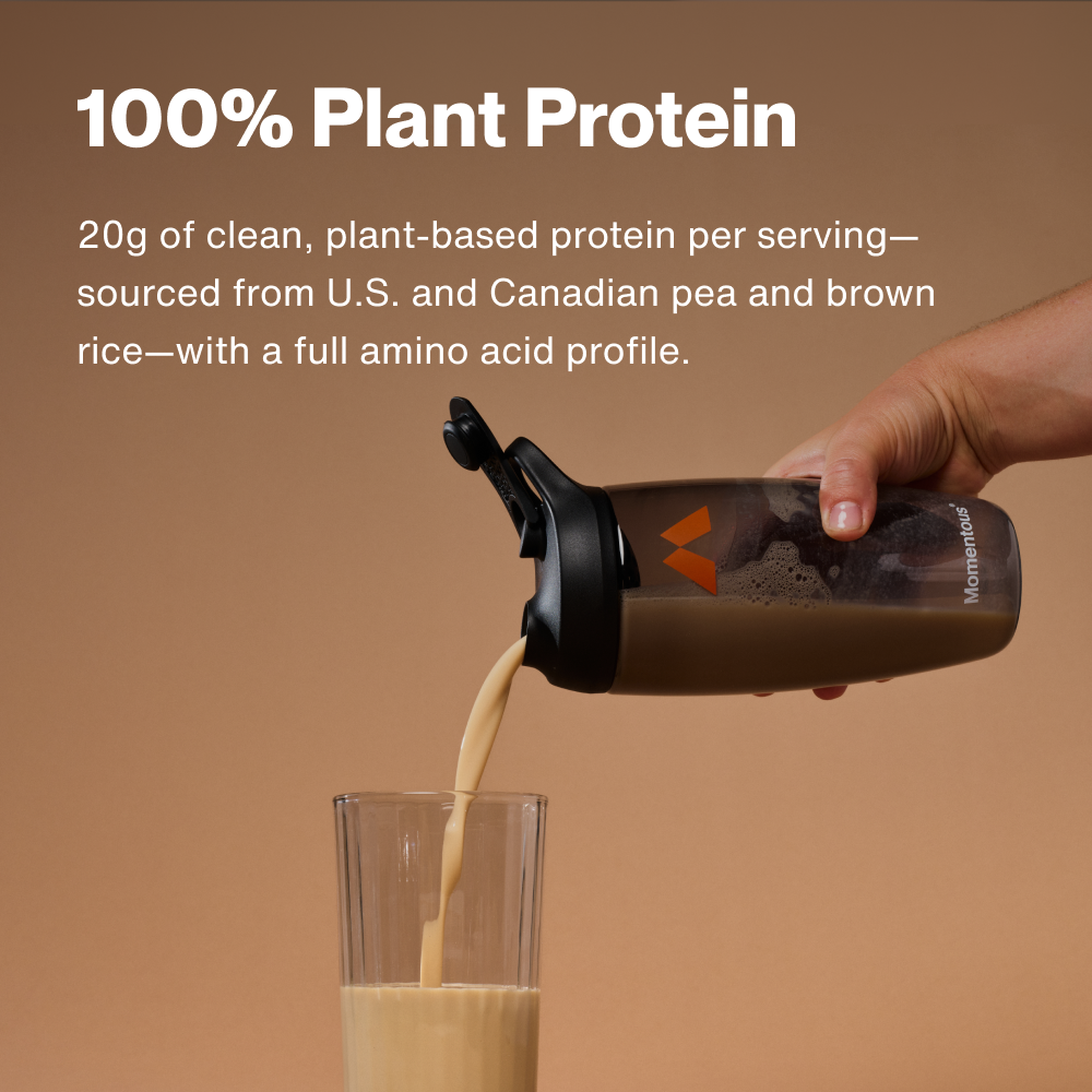 Hand pouring vegan vanilla plant protein powder from black shaker bottle into glass against beige background. Copy reads '100% Plant Protein. 20g of clean, plant-based protein per serving - sourced from US and Canadian pea and brown rice - with a full amino acid profile.'