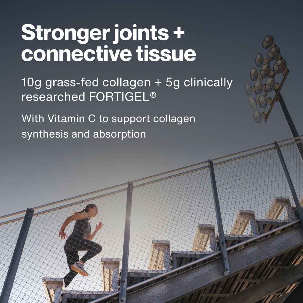 Stronger joints and connective tissue. 10g grass-fed collagen plus 5g clinically researched FORTIGEL. With Vitamin C to support collagen synthesis and absorption. Woman running up stadium stairs at dusk.