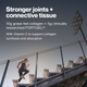 Stronger joints and connective tissue. 10g grass-fed collagen plus 5g clinically researched FORTIGEL. With Vitamin C to support collagen synthesis and absorption. Woman running up stadium stairs at dusk.