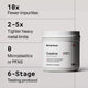 Momentous Signature Spec Creatine delivering 5g pure creatine monohydrate per scoop with exceptional mixability, ultrafine micronized powder, no clumping, no grit, and an effortless daily routine, shown with stacked scoops and falling powder on black background