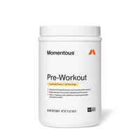 Momentous Pre-Workout tub on a white background, Lemonade Flavor, 30 servings, 15 oz 426 g, NSF Certified Sport: supports increased power and muscle performance, helps sharpen focus and cognitive performance, and pairs L-Theanine with caffeine to prolong benefits and reduce crash. (281 chars)