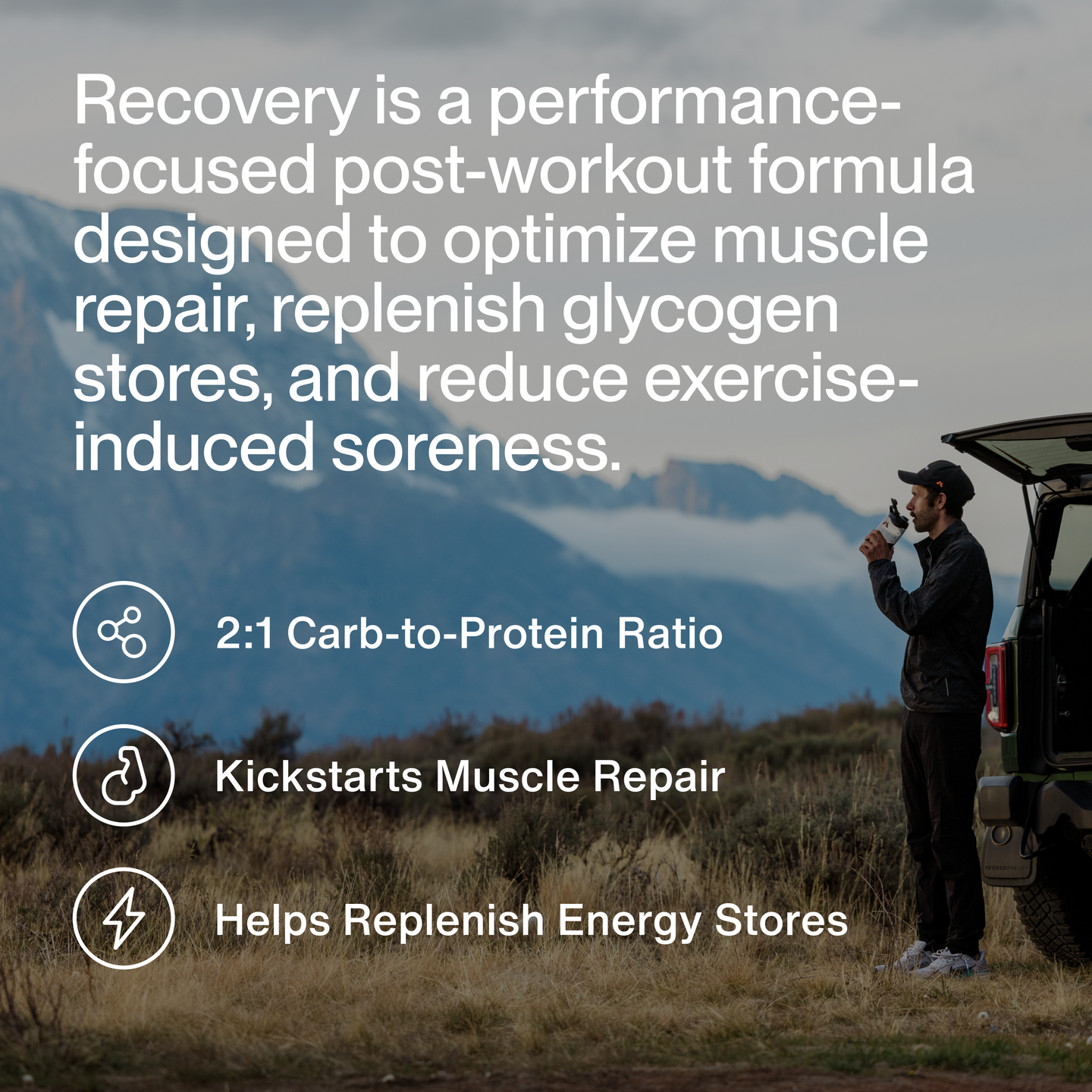 Key benefits of Recovery Whey protein, highlighting muscle recovery, lean muscle support, high-quality protein, fast absorption, and post-workout performance support.