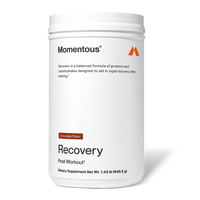 White Momentous Recovery container labeled “Chocolate Flavor.” Text reads: “Momentous. Recovery is a balanced formula of proteins and carbohydrates designed to aid in rapid recovery after training. Recovery. Post Workout†. Dietary Supplement Net Wt. 1.43 lb (649.5 g).”