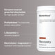 Momentous Recovery chocolate container with callouts. Text reads: “European sourced grass-fed whey isolate for high-quality protein. ProHydrolase® for improved protein absorption. L-Glutamine for recovery support. Electrolytes + magnesium for hydration and muscle function.”