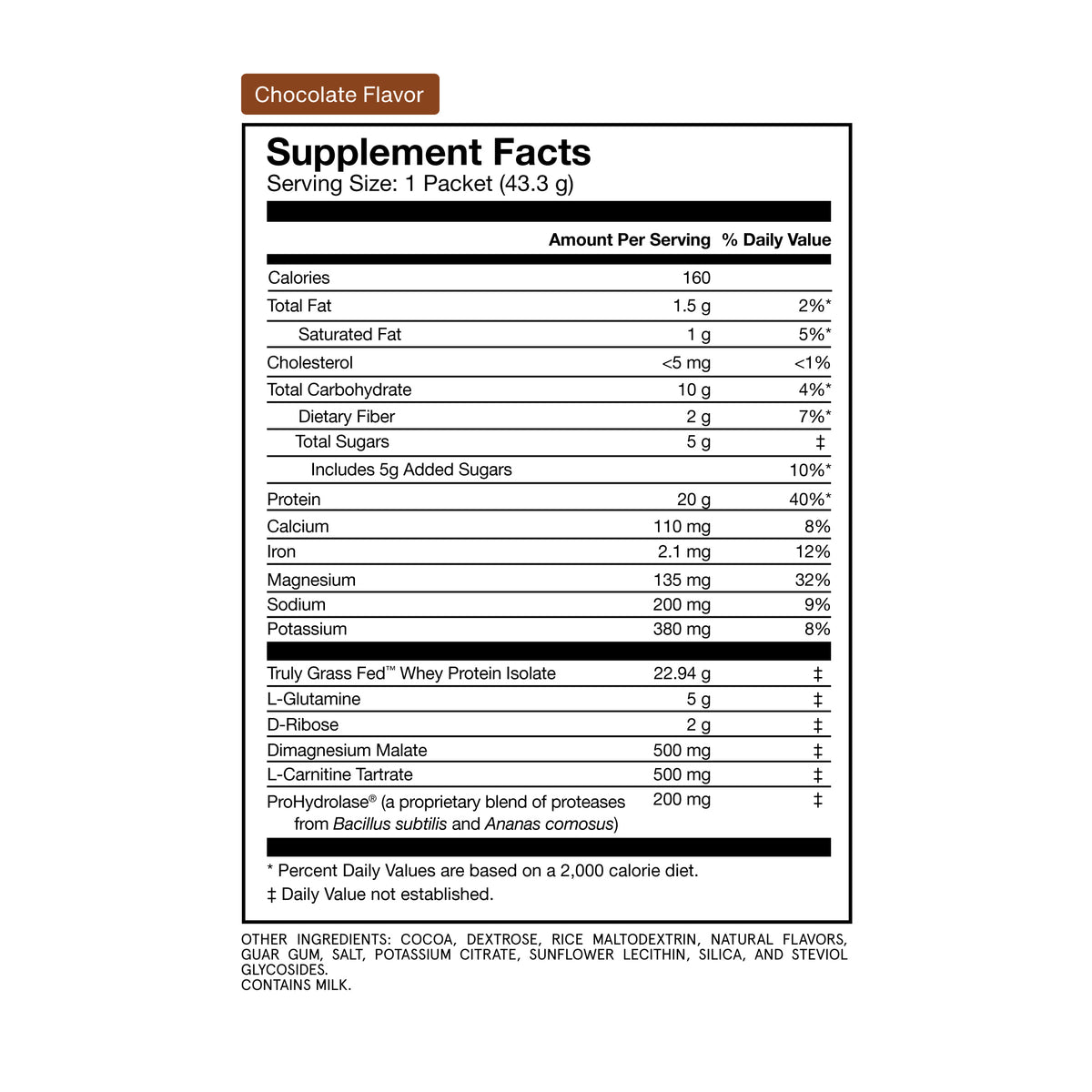 Chocolate flavored Recovery 14-Travel Packs Supplement Facts