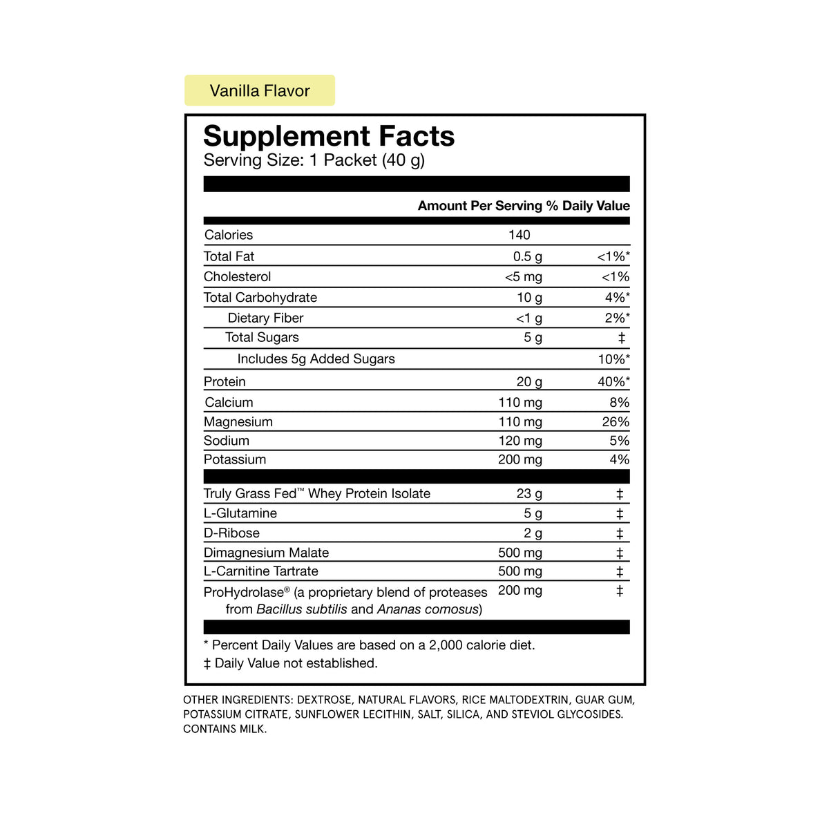 Vanilla flavored Recovery 14-Travel Packs Supplement Facts