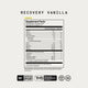 Supplement Facts panel for Recovery Vanilla. Serving size: 2 scoops (40 g). Servings per container: 15. Per serving: Calories 140; Total Fat 0.5 g (<1% DV); Cholesterol <5 mg (<1% DV); Total Carbohydrate 10 g (4% DV); Dietary Fiber <1 g (2% DV); Total Sugars 5 g (includes 5 g added sugars, 10% DV); Protein 20 g (40% DV); Calcium 110 mg (8% DV); Magnesium 110 mg (26% DV); Sodium 120 mg (5% DV); Potassium 200 mg (4% DV). Additional ingredients: Truly Grass Fed™ Whey Protein Isolate 23 g; L-Glutamine 5 g