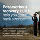 Athlete standing outdoors by a vehicle drinking a shake in a mountainous landscape. Overlaid text reads: “Post-workout recovery, built to help you come back stronger. A complete formula with protein, carbs, amino acids, and electrolytes to support muscle repair and energy replenishment after training.”