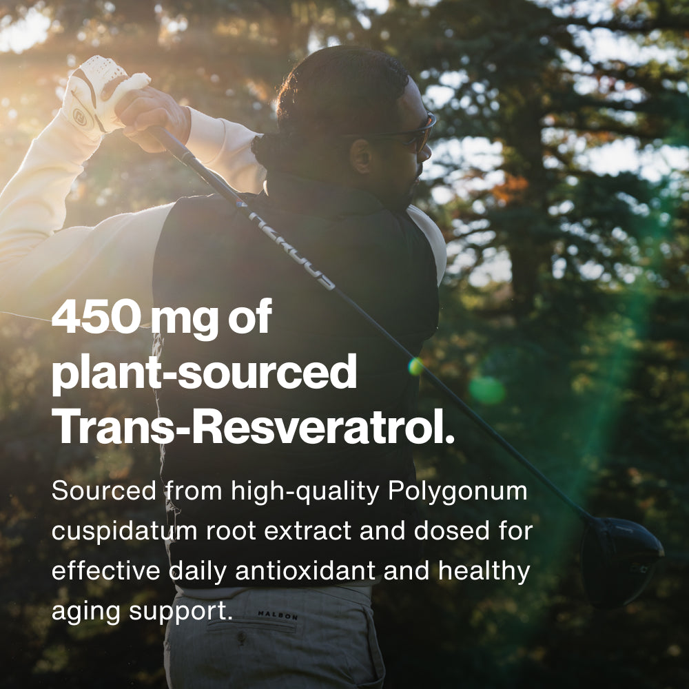 Golfer mid-swing outdoors with sunlight filtering through trees. Overlaid text reads: “450 mg of plant-sourced Trans-Resveratrol. Sourced from high-quality Polygonum cuspidatum root extract and dosed for effective daily antioxidant and healthy aging support.”
