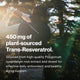 Golfer mid-swing outdoors with sunlight filtering through trees. Overlaid text reads: “450 mg of plant-sourced Trans-Resveratrol. Sourced from high-quality Polygonum cuspidatum root extract and dosed for effective daily antioxidant and healthy aging support.”