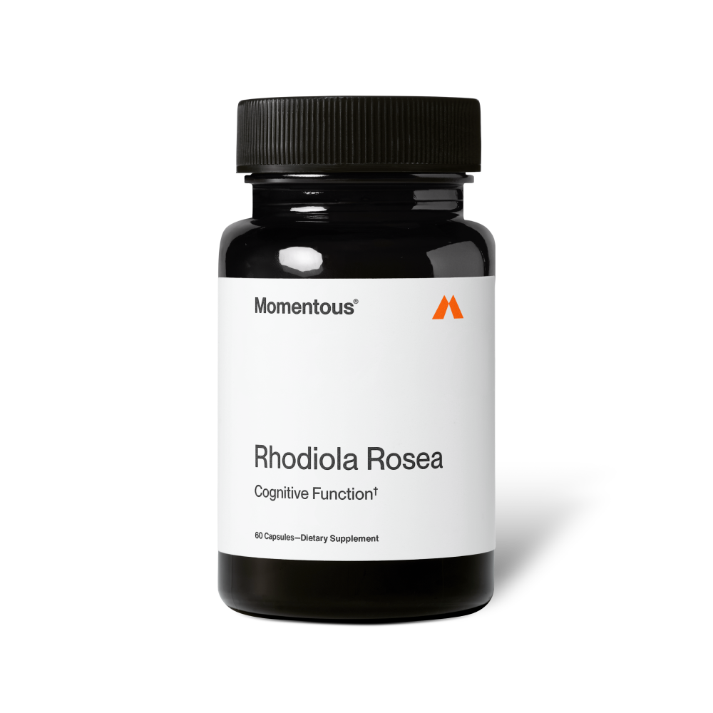 A black bottle of Momentous Rhodiola Rosea dietary supplement is centered on a plain background with a white label. Text on the label reads: “Momentous®” “Rhodiola Rosea” “Cognitive Function†” “60 Capsules—Dietary Supplement”