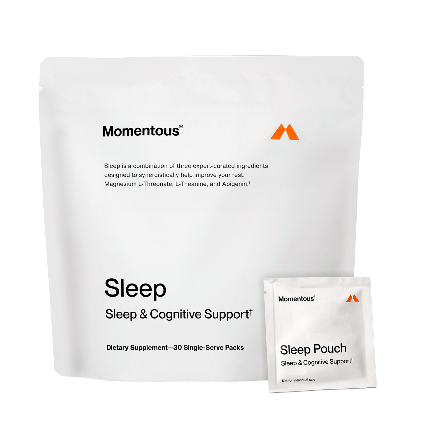 Momentous Sleep 30-pack with large resealable pouch and single-serve packet, dietary supplement for sleep and cognitive support.