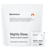 White bag labeled “Momentous Nightly Sleep Sleep & Cognitive Support† Dietary Supplement—30 Single-Serve Packs” with text describing magnesium L-threonate, L-theanine, and apigenin, shown with one packet labeled “Not for individual sale.”