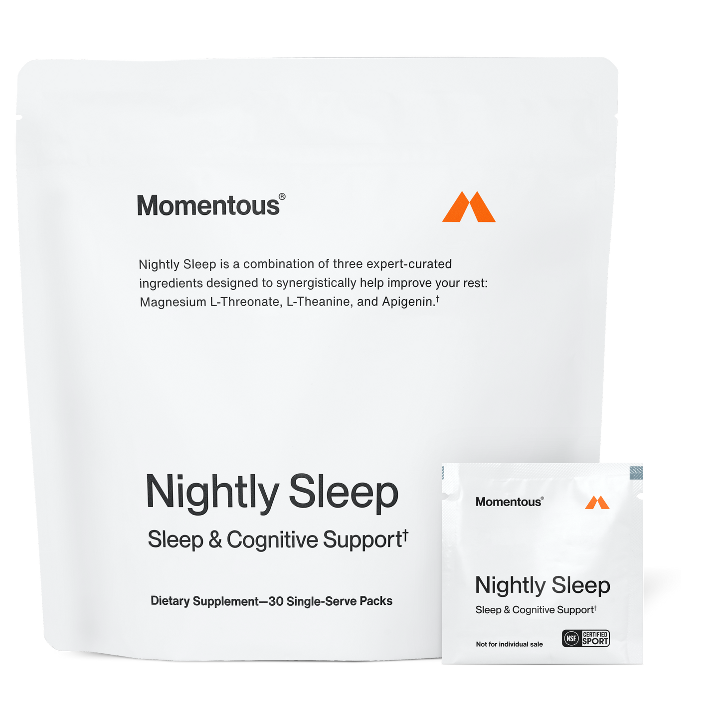 White bag labeled “Momentous Nightly Sleep Sleep & Cognitive Support† Dietary Supplement—30 Single-Serve Packs” with text describing magnesium L-threonate, L-theanine, and apigenin, shown with one packet labeled “Not for individual sale.”