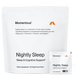 White bag labeled “Momentous Nightly Sleep Sleep & Cognitive Support† Dietary Supplement—30 Single-Serve Packs” with text describing magnesium L-threonate, L-theanine, and apigenin, shown with one packet labeled “Not for individual sale.”