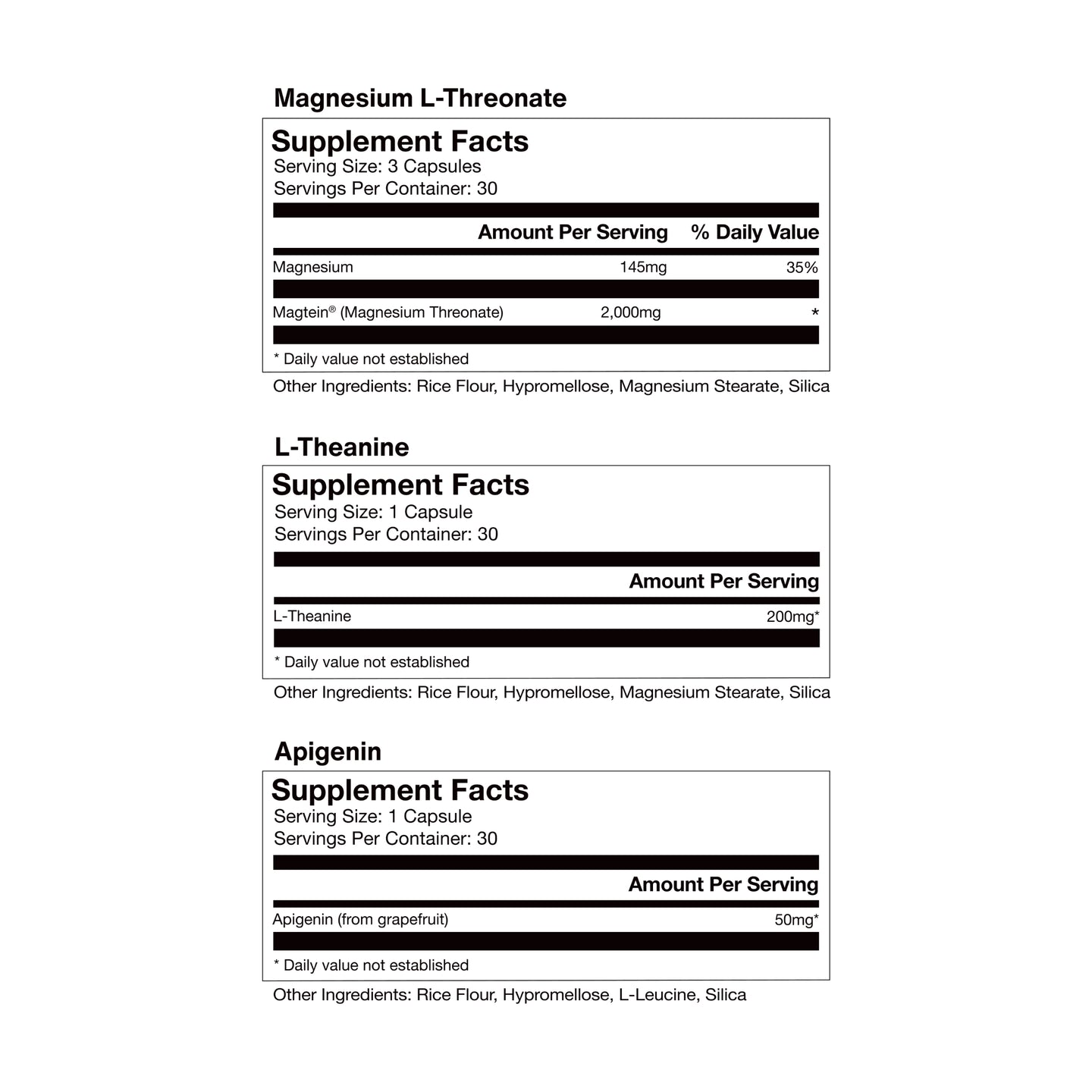 Supplement facts panels for Magnesium L-Threonate, L-Theanine, and Apigenin capsules, including serving sizes and ingredient breakdowns.