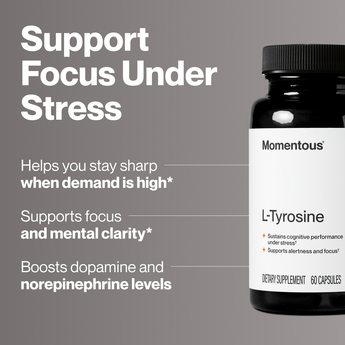 Support Focus Under Stress, Momentous L-Tyrosine 60 capsule bottle on a gray background with callouts: helps you stay sharp when demand is high, supports focus and mental clarity, boosts dopamine and norepinephrine levels. (222 chars)