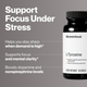 Support Focus Under Stress, Momentous L-Tyrosine 60 capsule bottle on a gray background with callouts: helps you stay sharp when demand is high, supports focus and mental clarity, boosts dopamine and norepinephrine levels. (222 chars)