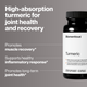 High-absorption turmeric for joint health and recovery, Momentous Turmeric 60 capsule bottle on a gray background with callouts: promotes muscle recovery, supports healthy inflammatory response, promotes long-term joint health. (227 chars)