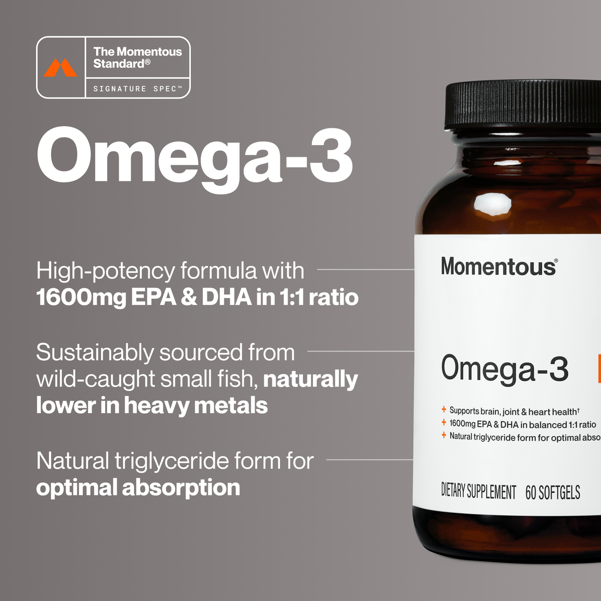 Momentous Omega-3, The Momentous Standard Signature Spec: high-potency formula with 1600mg EPA and DHA in 1 to 1 ratio, sustainably sourced from wild-caught small fish, naturally lower in heavy metals, natural triglyceride form for optimal absorption. Bottle of 60 softgels on a warm gray background. (300 chars)