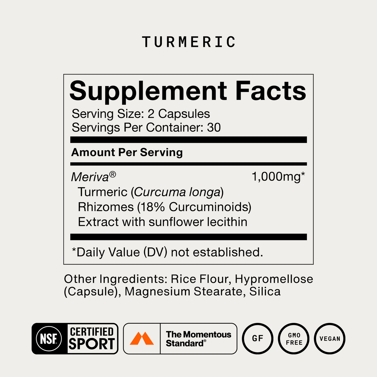 Momentous Turmeric Supplement Facts, serving size 2 capsules, 30 servings per container, Meriva turmeric Curcuma longa rhizome extract with 18 percent curcuminoids and sunflower lecithin 1,000mg, other ingredients rice flour, hypromellose capsule, magnesium stearate, silica, NSF Certified Sport, The Momentous Standard, gluten free, GMO free, vegan. (350 chars)