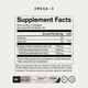 Momentous Omega-3 Supplement Facts, serving size 2 softgels, 30 servings, 20 calories, 2g total fat, 1700mg omega-3 fatty acids from fish oil with 800mg EPA and 800mg DHA. Other ingredients: bovine gelatin capsule, glycerine, purified water, natural lemon flavor, annatto color, lipase. Contains fish, one or more of anchovy, sardine, mackerel. NSF Certified Sport, The Momentous Standard Signature Spec, Tested by SuppCo, gluten free, GMO free. (445 chars)
