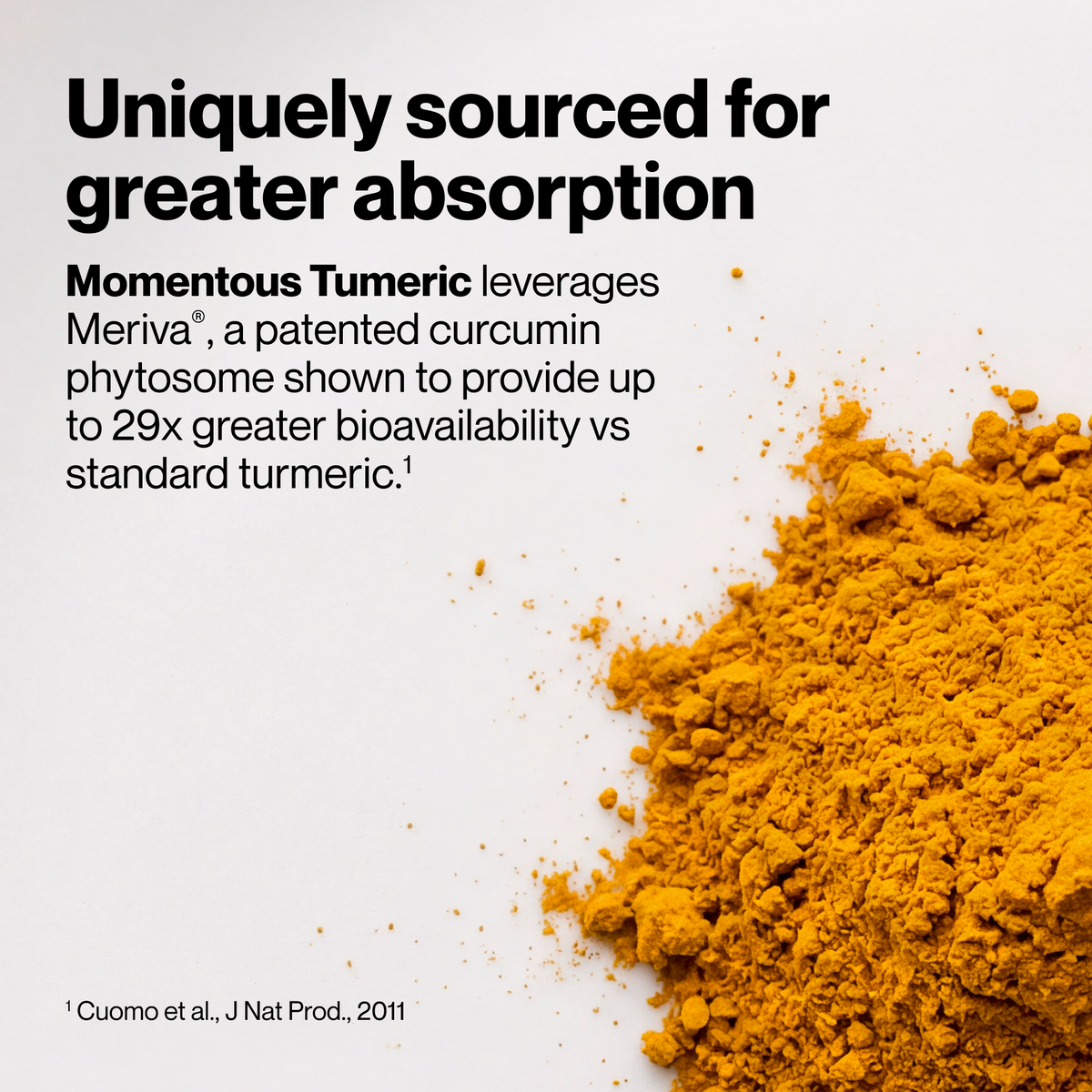 Uniquely sourced for greater absorption, Momentous Turmeric leverages Meriva, a patented curcumin phytosome shown to provide up to 29x greater bioavailability vs standard turmeric, citing Cuomo et al., J Nat Prod, 2011, beside a pile of bright orange turmeric powder on white. (276 chars)