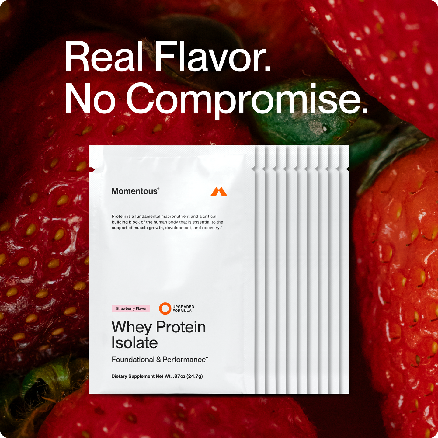 “Real Flavor. No Compromise. Momentous strawberry whey protein single-serve packets displayed with strawberries.”