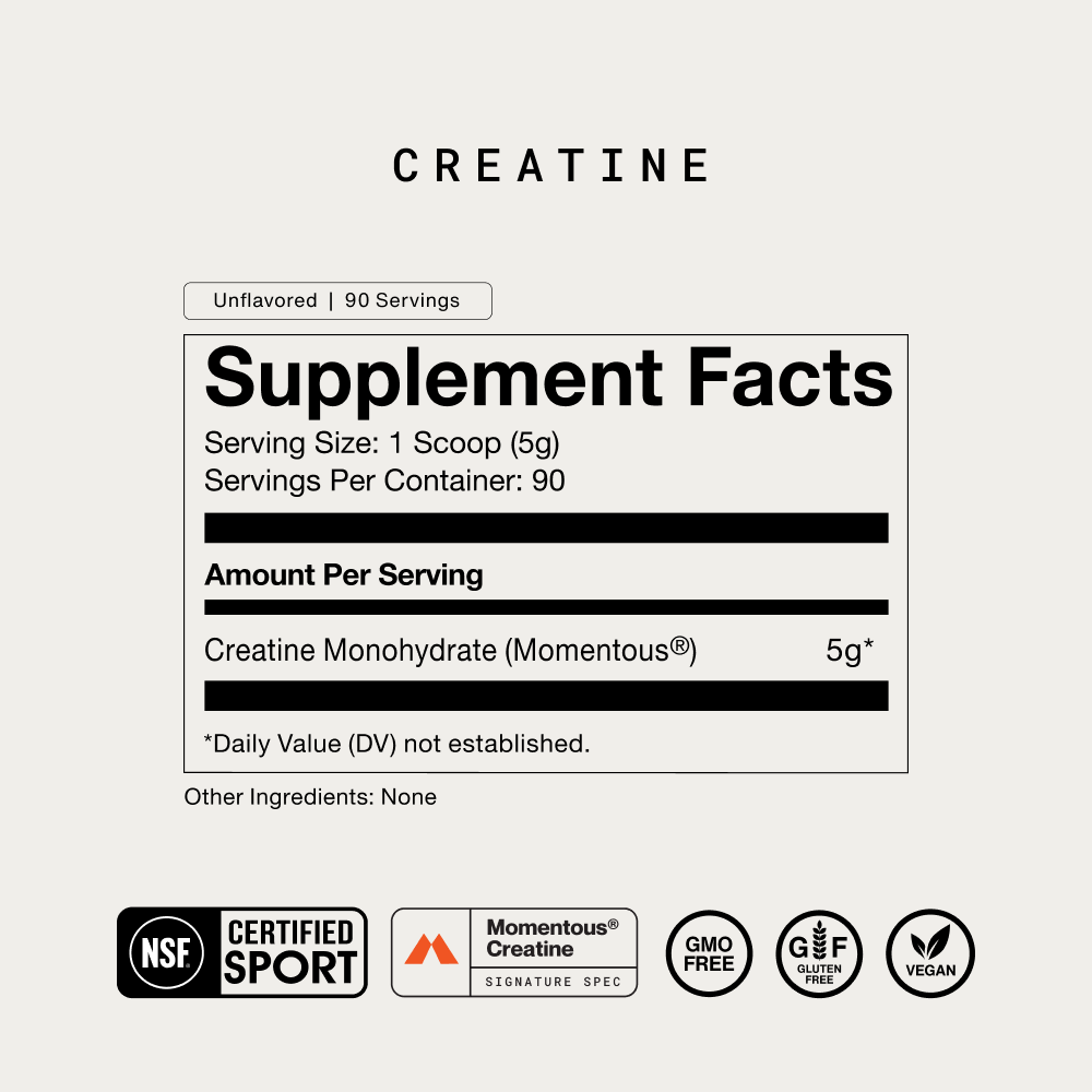 Momentous Creatine supplement facts panel showing serving size 1 scoop 5g, 90 servings per container, creatine monohydrate 5g, no other ingredients, NSF Certified Sport, Momentous Creatine Signature Spec, GMO free, gluten free, vegan