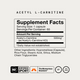 Momentous Acetyl L-Carnitine Supplement Facts, 60 servings, serving size 1 capsule, acetyl L-carnitine 500mg as acetyl L-carnitine HCl, other ingredients hypromellose capsule, rice flour, stearic acid, silica and medium chain triglycerides, NSF Certified Sport, The Momentous Standard, gluten free, GMO free. (308 chars)