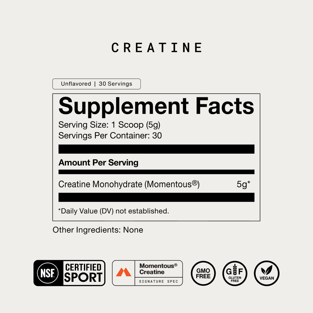 Momentous Creatine Supplement Facts. Unflavored, 30 Servings. Serving Size: 1 Scoop (5g). Creatine Monohydrate (Momentous) 5g. Other Ingredients: None. NSF Certified for Sport. Momentous Creatine Signature Spec. GMO Free, Gluten Free, Vegan.