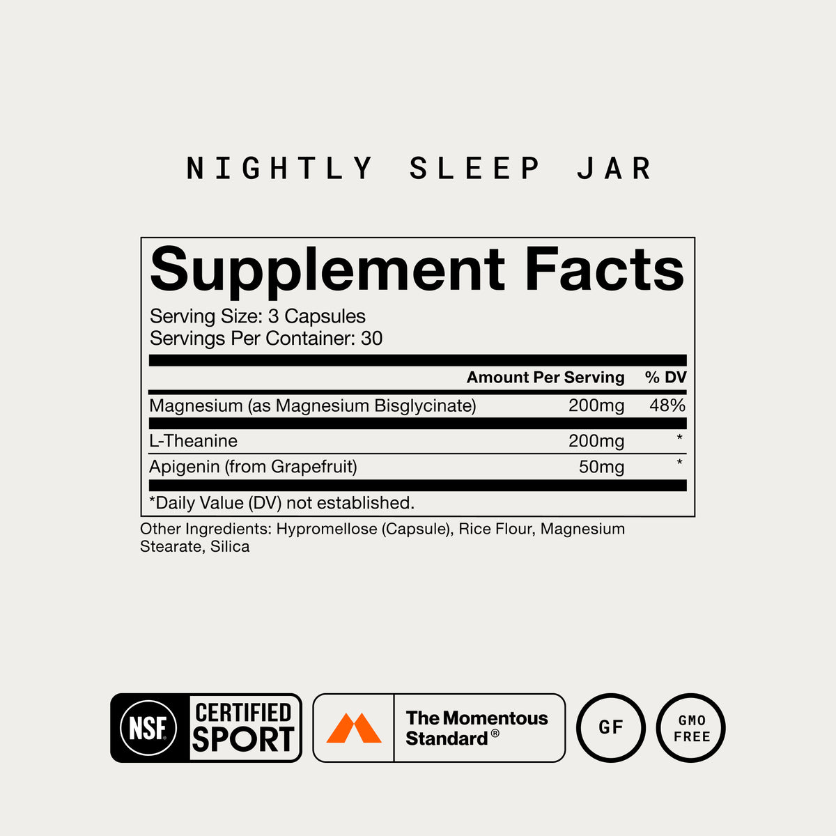 Momentous Nightly Sleep jar Supplement Facts, serving size 3 capsules, 30 servings per container: magnesium as magnesium bisglycinate 200mg at 48 percent daily value, L-Theanine 200mg, apigenin from grapefruit 50mg, other ingredients hypromellose capsule, rice flour, magnesium stearate and silica, with NSF Certified Sport, The Momentous Standard, gluten free and GMO free badges. (382 chars)