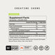 Supplement Facts panel for Momentous Creatine Chews, Lemon Lime Flavor. Serving size: 1 chewable tablet. Amount per serving: Calories 10; Total Carbohydrate 1g (less than 1% DV); Total Sugars 1g (daily value not established); Includes 1g Added Sugars (2% DV); Creatine monohydrate 1g (daily value not established). Percent daily values based on a 2,000 calorie diet. Other ingredients: Dextrose, Stearic Acid, Coconut Oil Powder, Natural Flavors, Silica, Citric Acid, Reb M. Certifications: NSF Certified for Spo