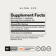 Momentous Alpha GPC supplement facts panel: 1 capsule per serving, 60 servings, 300mg Alpha-Glyceryl Phosphoryl Choline as AlphaSize. NSF Certified for Sport, gluten free, GMO free, and vegan.