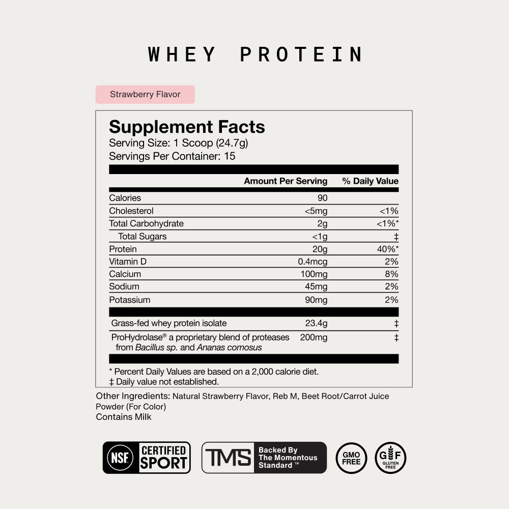 “WHEY PROTEIN
Strawberry Flavor
Supplement Facts
Serving Size: 1 Scoop (24.7g)
Servings Per Container: 15
Calories 90
Cholesterol <5mg
Total Carbohydrate 2g
Total Sugars <1g
Protein 20g
Vitamin D 0.4mcg
Calcium 100mg
Sodium 45mg
Potassium 90mg
Grass-fed whey protein isolate 23.4g
ProHydrolase® 200mg
Other Ingredients: Natural Strawberry Flavor, Reb M, Beet Root/Carrot Juice Powder (For Color)
Contains Milk” plus certification icons.