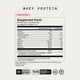 “WHEY PROTEIN
Strawberry Flavor
Supplement Facts
Serving Size: 1 Scoop (24.7g)
Servings Per Container: 15
Calories 90
Cholesterol <5mg
Total Carbohydrate 2g
Total Sugars <1g
Protein 20g
Vitamin D 0.4mcg
Calcium 100mg
Sodium 45mg
Potassium 90mg
Grass-fed whey protein isolate 23.4g
ProHydrolase® 200mg
Other Ingredients: Natural Strawberry Flavor, Reb M, Beet Root/Carrot Juice Powder (For Color)
Contains Milk” plus certification icons.