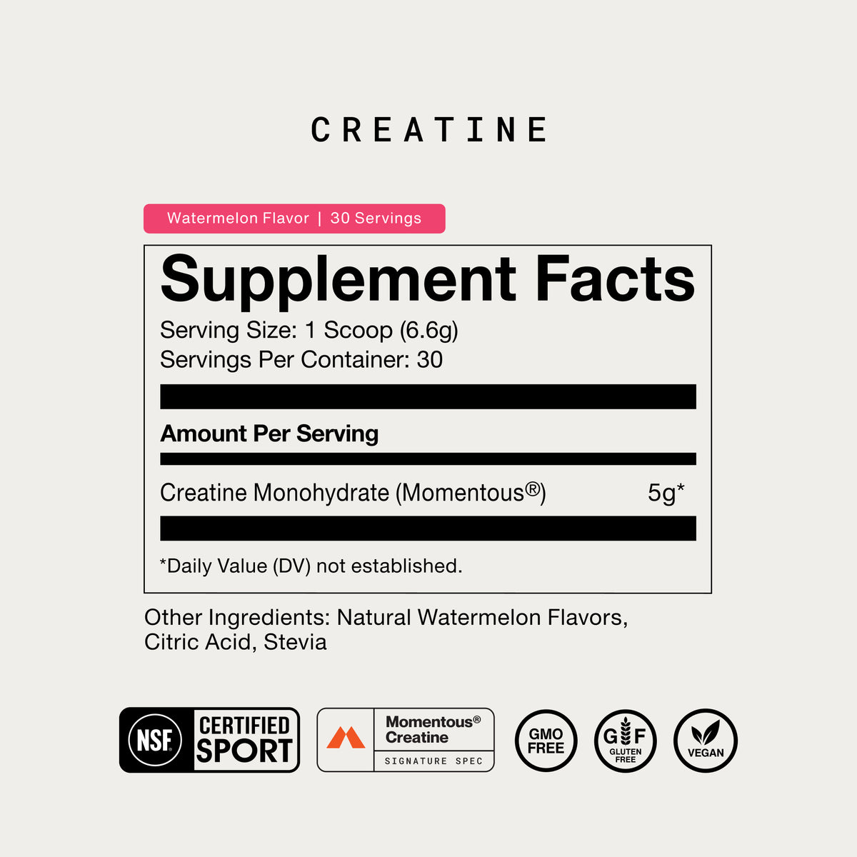 Momentous Creatine supplement facts, Watermelon Flavor, 30 servings. Serving Size: 1 Scoop (6.6g), Servings Per Container: 30. Amount Per Serving: Creatine Monohydrate (Momentous) 5g, Daily Value not established. Other Ingredients: Natural Watermelon Flavors, Citric Acid, Stevia. Certifications: NSF Certified Sport, Momentous Signature Spec, GMO Free, Gluten Free, Vegan.