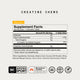 Supplement Facts panel for Momentous Creatine Chews, Mango Flavor. Serving size: 1 chewable tablet. Amount per serving: Calories 10; Total Carbohydrate 1g (less than 1% DV); Total Sugars 1g (daily value not established); Includes 1g Added Sugars (2% DV); Creatine monohydrate 1g (daily value not established). Percent daily values based on a 2,000 calorie diet. Other ingredients: Dextrose, Stearic Acid, Coconut Oil Powder, Silica, Natural Mango Flavors, Citric Acid, Turmeric Root (Color), Reb M. Certification