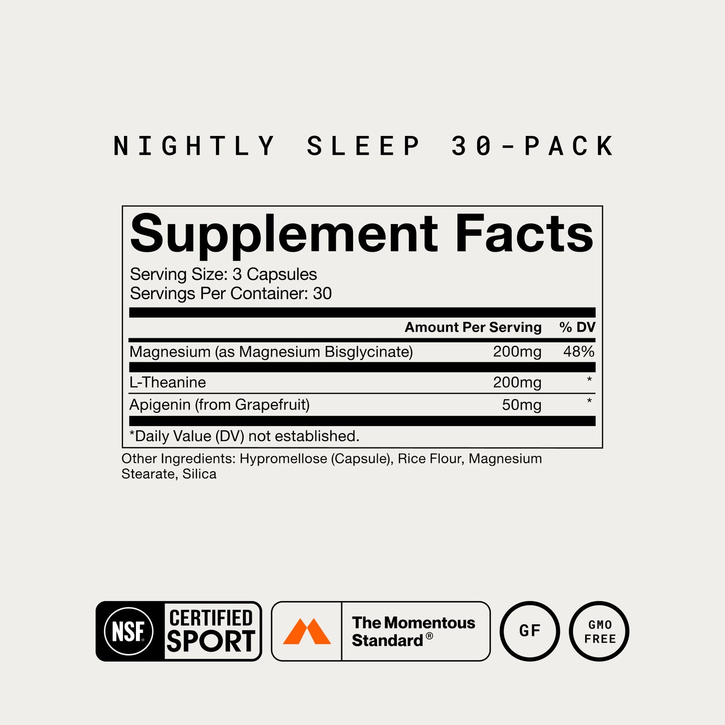 Momentous Nightly Sleep 30-Pack Supplement Facts, serving size 3 capsules, 30 servings per container, magnesium as magnesium bisglycinate 200mg, L-theanine 200mg, apigenin from grapefruit 50mg, other ingredients hypromellose capsule, rice flour, magnesium stearate and silica, NSF Certified Sport, The Momentous Standard, gluten free, GMO free. (344 chars)