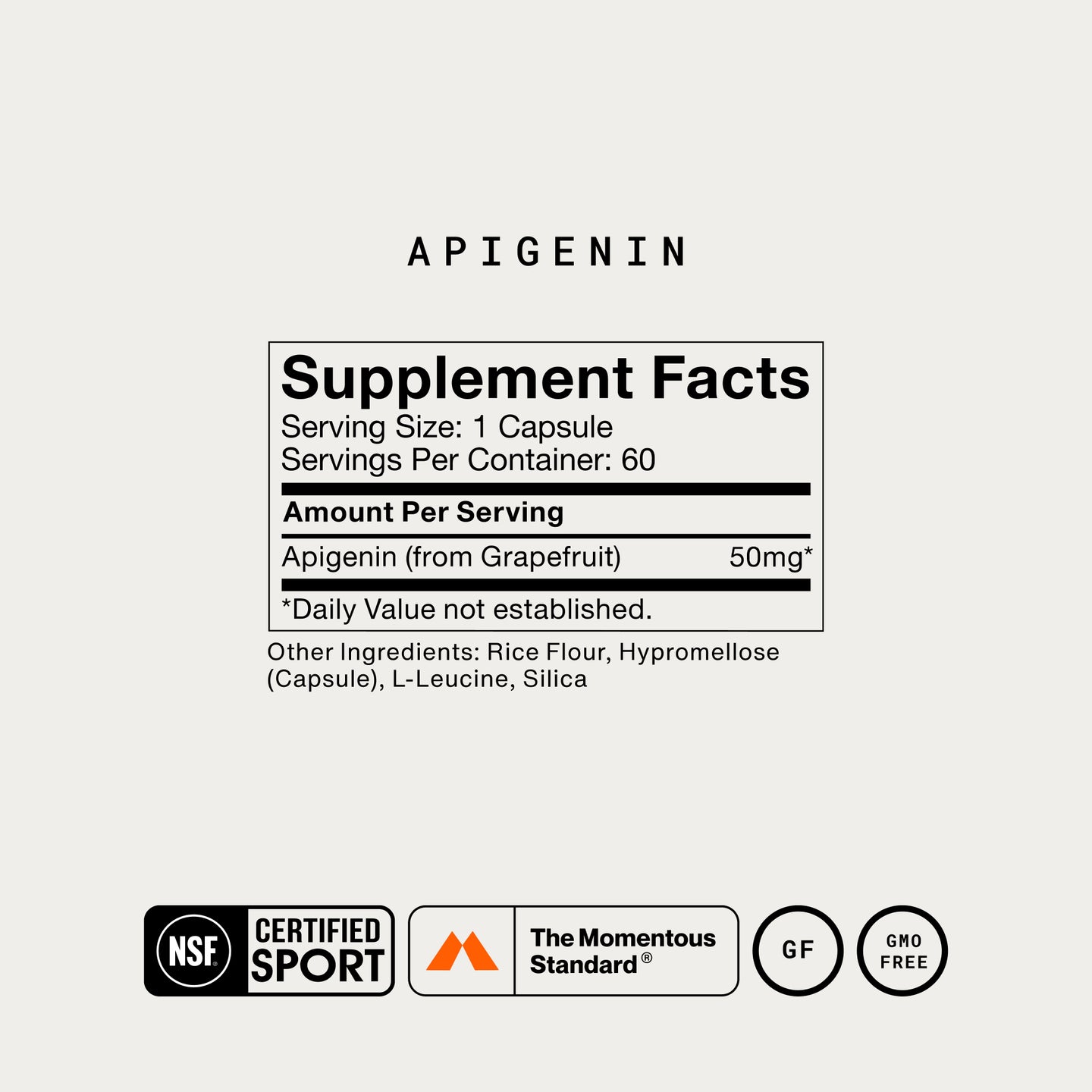 Momentous Apigenin Supplement Facts label panel: serving size 1 capsule, 60 servings per container, and 50 mg of apigenin sourced from grapefruit per serving. Other ingredients are rice flour, hypromellose vegetable capsule, L-leucine, and silica. Suggested use: take one capsule 30 to 60 minutes before sleep. NSF Certified for Sport.