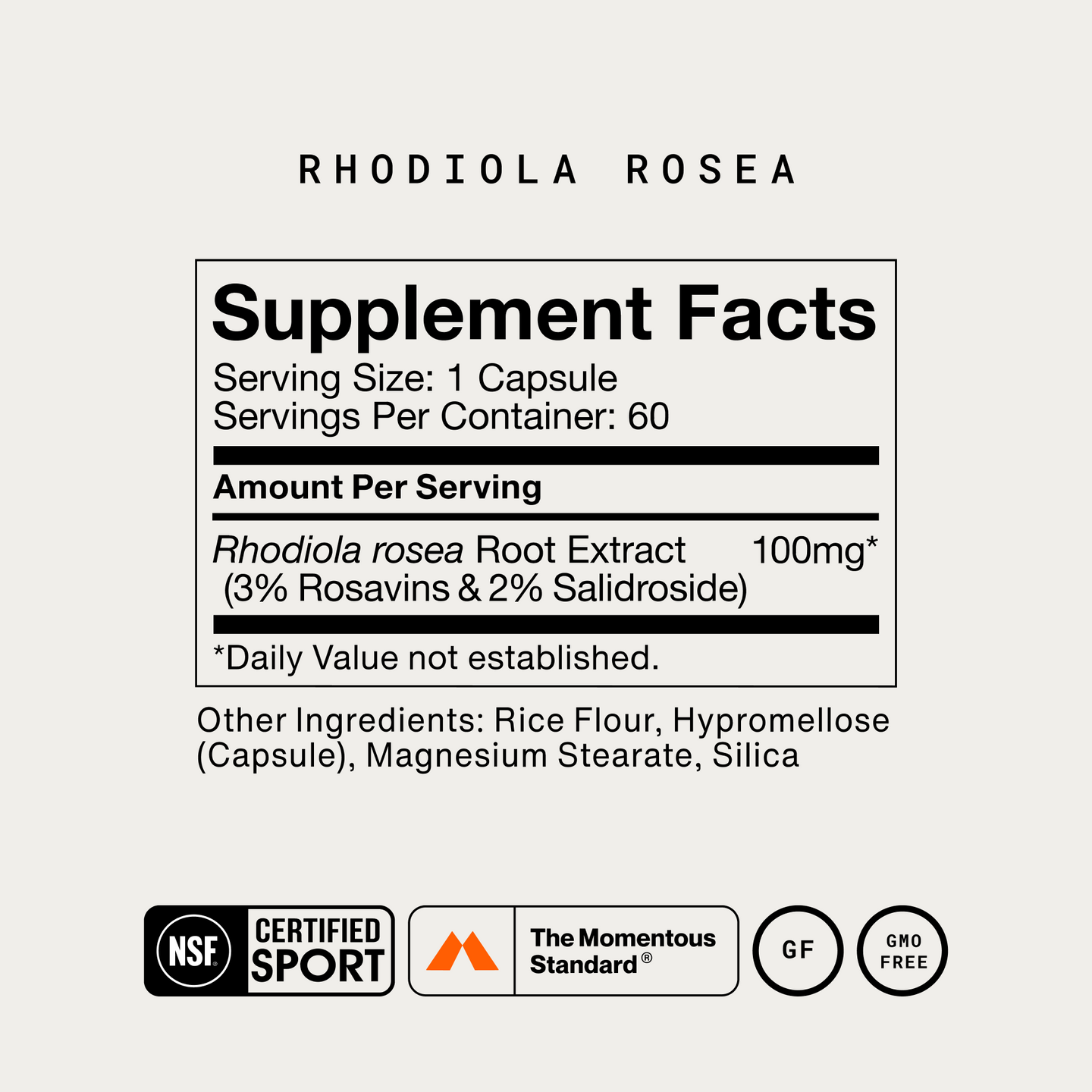Supplement Facts panel for Momentous Rhodiola Rosea.