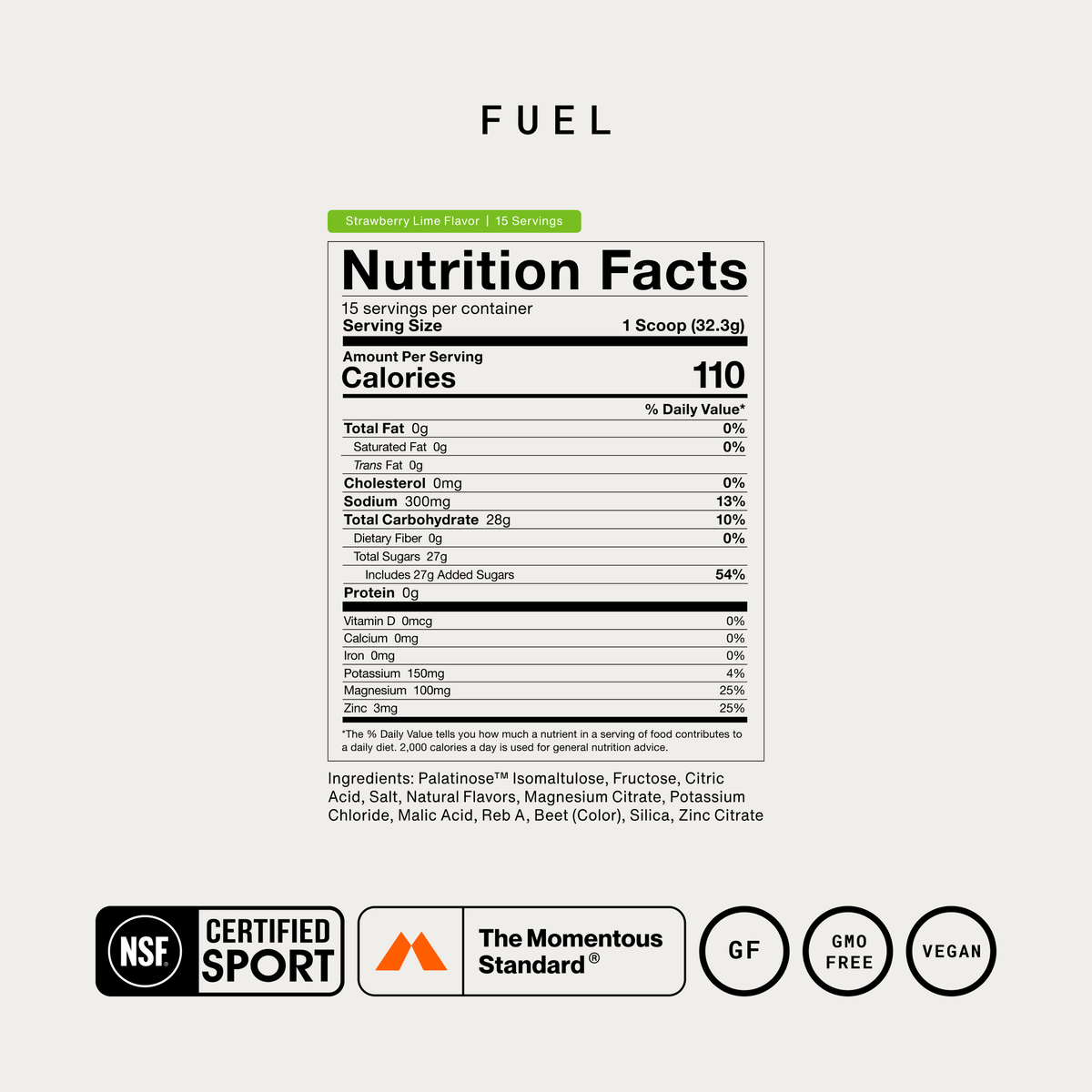 Momentous Fuel Nutrition Facts, Strawberry Lime, 15 servings, serving size 1 scoop 32.3g: 110 calories, 300mg sodium, 28g total carbohydrate, 27g total sugars, 150mg potassium, 100mg magnesium, 3mg zinc. Ingredients: Palatinose isomaltulose, fructose, citric acid, salt, natural flavors, magnesium citrate, potassium chloride, malic acid, Reb A, beet color, silica, zinc citrate. NSF Certified Sport, The Momentous Standard, gluten free, GMO free, vegan. (454 chars)