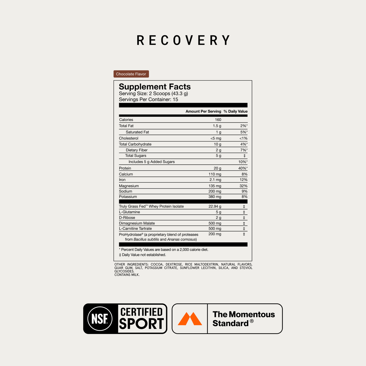 Recovery supplement facts label with chocolate flavor nutrition information and NSF Certified Sport certification.