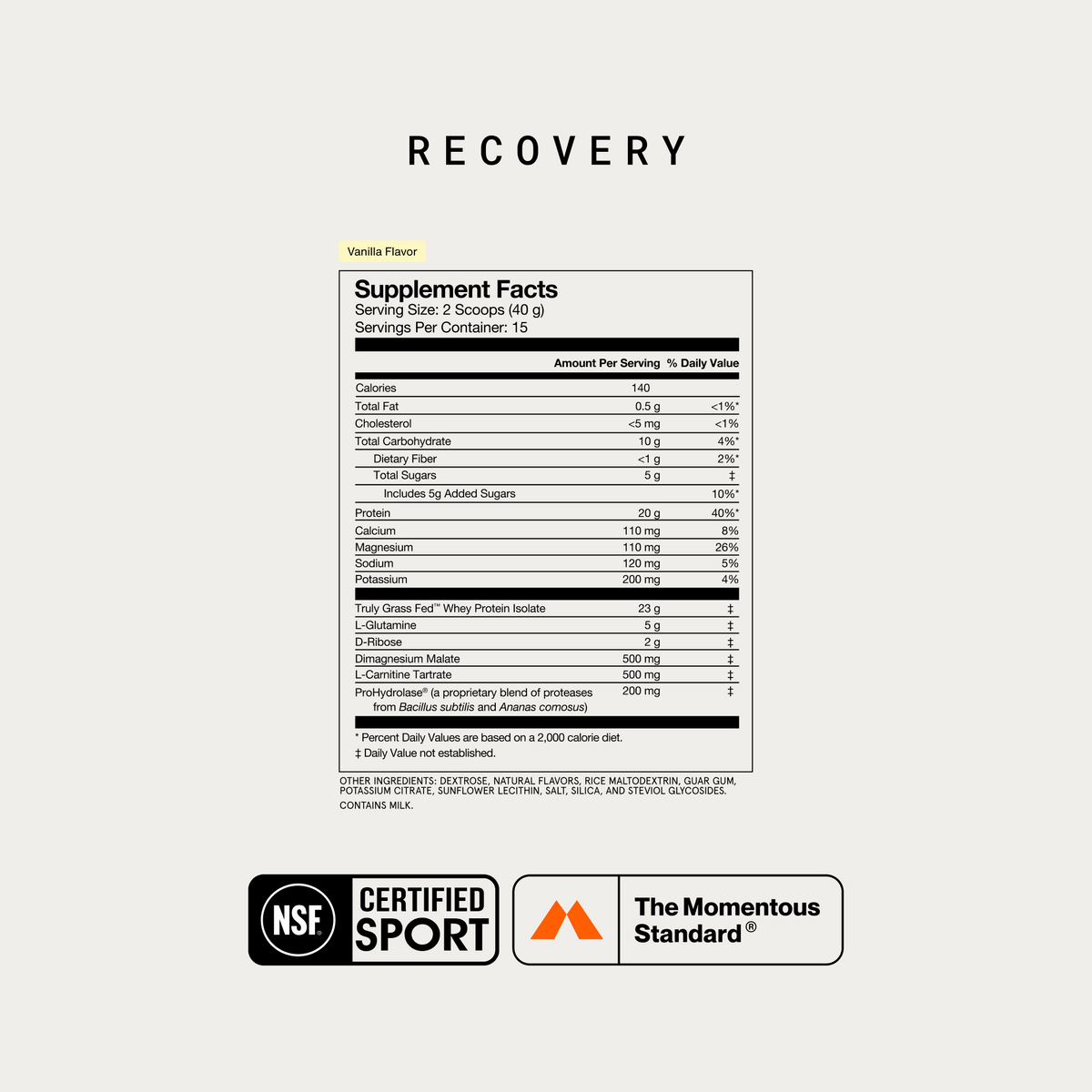 Vanilla-flavored recovery supplement facts label showing 20g protein per serving and NSF Certified Sport certification.